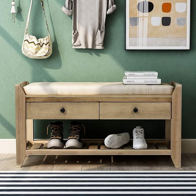LUMISOL Storage Bench, Shoe Rack with Upholstered Seat and 2 Drawers, Solid Wood Entryway Storage Bench with Shoe Rack for Entryway, Living Room, Bedroom, Antique Navy
