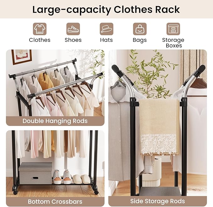 Giantex Double Rod Clothing Rack, Portable Garment Clothes Rack with Adjustable Height & Wheels, Heavy-Duty Metal Rolling Wardrobe Rack for Bedroom, Laundry, Dressing Room