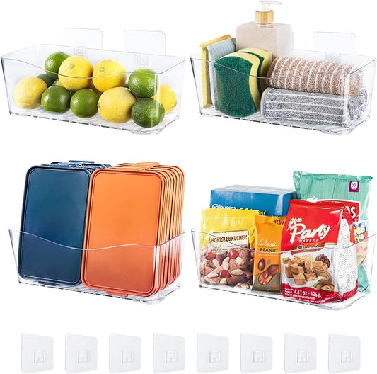 4-Pack Large Cabinet Door Organizer, 11.4" Adhesive Wall Mounted Pantry Organizers and Storage, Space Saving, Drain Bottom, No drill, Clea Storage Caddy Baskets for Kitchen, Bathroom, Under Sink