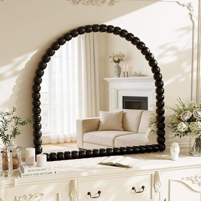 31"×32" Black Arched Bathroom Vanity Mirror, Vintage Beaded Decorative Wall Mounted Makeup Mirror, as Wall Decor Hanging Leaning for Fireplace Mantle, Living Room, Bedroom, Vanity Area