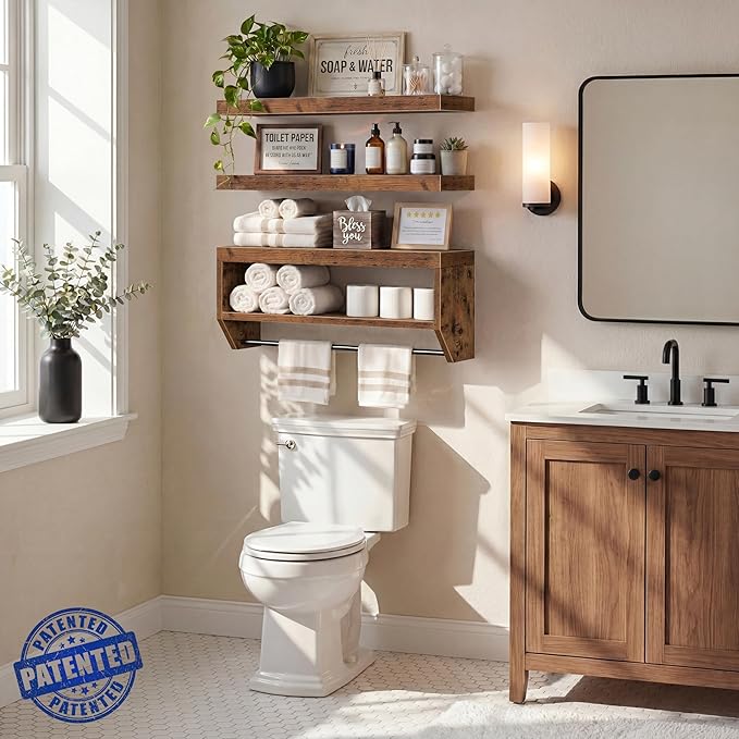 QEEIG Bathroom Floating Shelves for Wall - Shelf Over Toilet Paper Storage Farmhouse 24 inch Set of 3, Rustic Brown (028-60BN3)