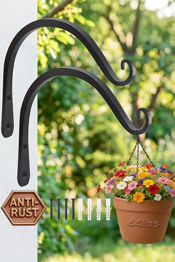 Gtongoko 2 Pack 8 Inch Plant Hangers Outdoor Metal, Plant Hooks for Wall Indoor, 44lb Capacity Outdoor Hooks for Hanging Bird Feeders, Lanterns, Wind Chinme, Black