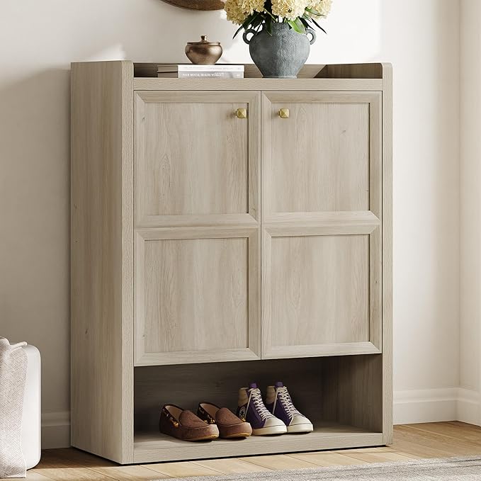 SICOTAS Shoe Cabinet Storage for Entryway - 24-Pair Shoe Cabinets with Doors and Adjustable Shelves, Farmhouse 33.9" Wide 7-Tier Shoes Storage Cabinet for Mudroom Closet Hallway, Grey White Oak