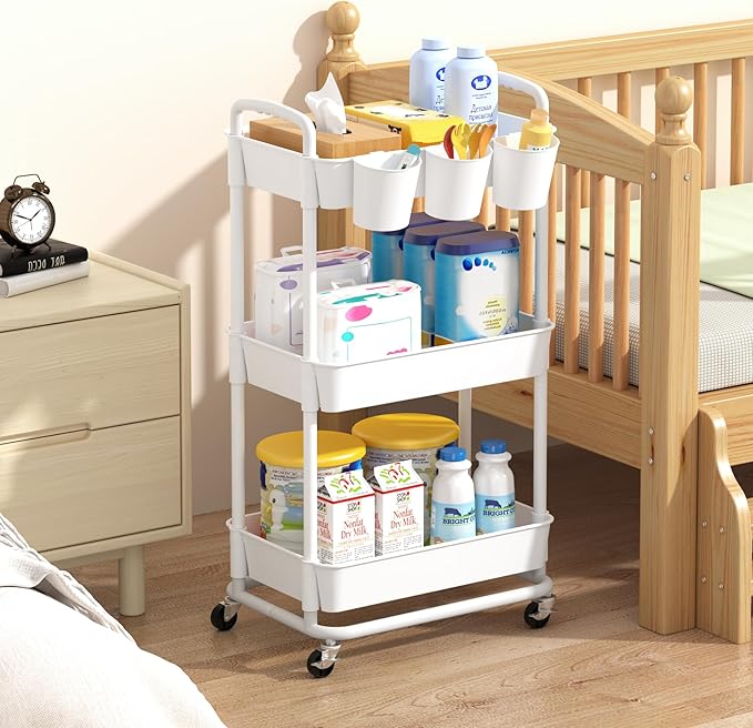 3-Tier Baby Diaper Caddy Organizer Cart with Locking Wheels & Hanging Cups - Rolling Storage Cart for Nursery, Changing Table, Baby Essentials, White