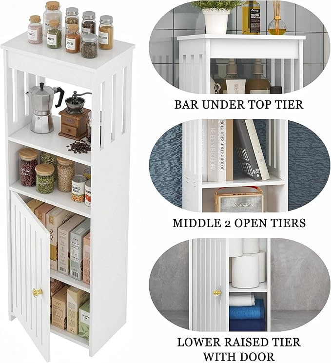 Narrow Bathroom Storage Cabinet, 5-Tier Slim Organizer with Door and Open Shelf for Toilet Small Spaces, White, 7.9" D x 9.8" W x 31.5" H