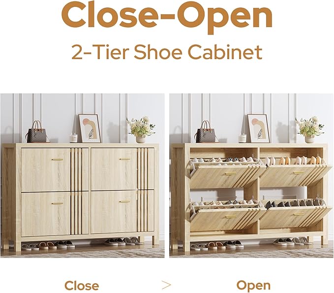 knoworld Shoe Storage Cabinet for Entryway with 4 Flip Drawers, 47.24" Narrow Fluted Shoe Organizer Cabinet, Slim Wooden Shoe Cabinet, Freestanding Hidden Shoe Cabinet for Entrance, Hallway (Natural)