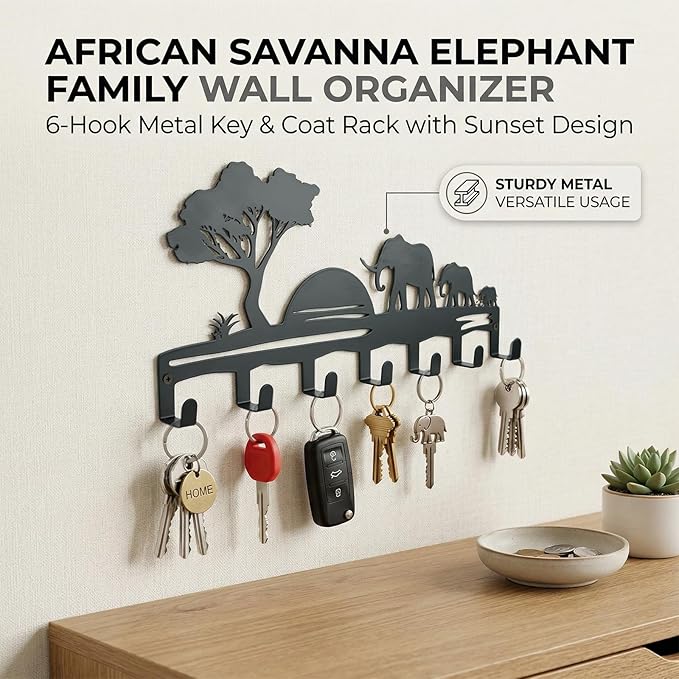 Metal Key Holder Wall Mount, African Safari Key Rack Hooks, Elephant Family Sunset Wall Art Organizer for Entryway, Kitchen, Hallway, Garage, Farmhouse Home Decor & Housewarming Gift (Elephant)