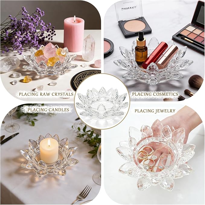 Crystal Flower Jewelry Tray, Transparent Decorative Trinket Dish for Rings, Earrings, Necklaces, Keys for Vanity Dresser Nightstand, Elegant Gift for Women Mother's Day (2, 6.3"(W) - Clear)