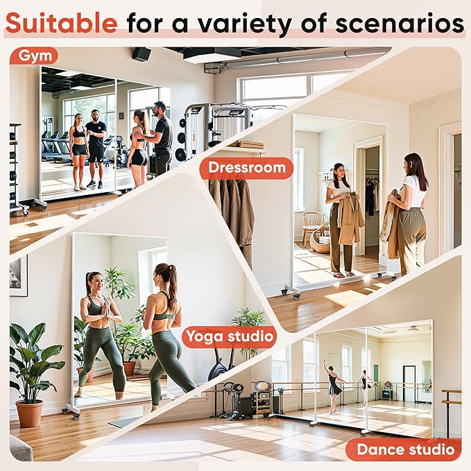 Suidia 82"x44" Extra Large Full Length Mirror on Wheels, 360° Swivel Rolling Mirror Floor, HD Tempered Glass Full Body Standing Mirrors for Home Gym, Yoga, Dance Studio, Bedroom, Rectangular, White