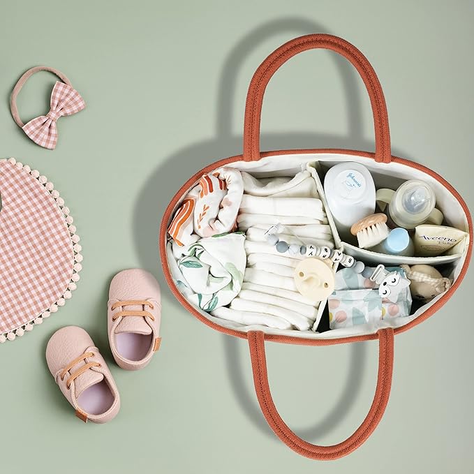 XUANGUO Large Baby Diaper Caddy Organizer for Girl Boy Rope Nursery Storage Bin Basket Portable Holder Tote Bag for Changing Table Car Travel Baby Shower Gifts Registry Must Haves Rustic