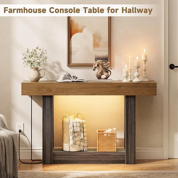 LIFECHOVY 47.2" Farmhouse Wood Entryway Table with Outlet, 2-Tier Console Table with Sensor Light Behind the Couch Sofa, Entrance Side Table for Hallway/Living Room/Foyer, Natural Oak&Grey
