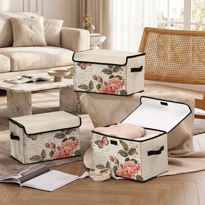 Stackable Storage Bins with Lids,Closet Organizers Fabric Box for Home and Office,Blanket Clothes Organizers,Under Bed Storage Containers 3 Pack
