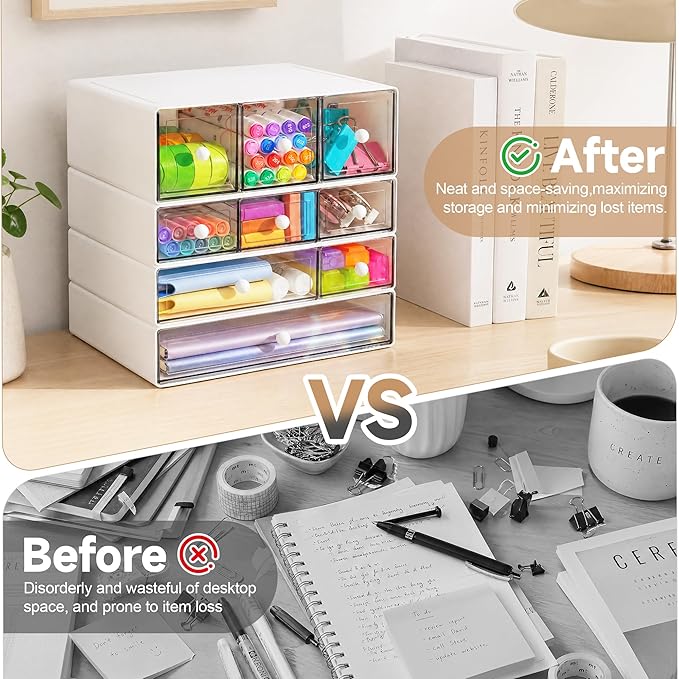 Desk Organizer with 9 Drawers, 4 Tiers Stackable Storage Drawers, Desktop Storage Box with Clear Drawers for Stationery, Makeup, Jewelry, Office and Craft Supplies (White)