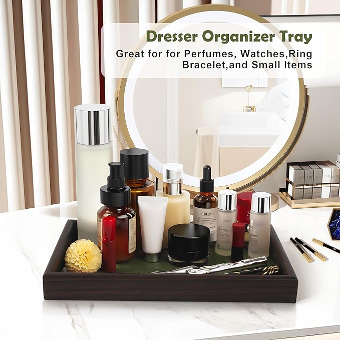 Wooden Valet Tray with Leather Base - Nightstand Catchall Organizer for Cologne, Perfume, Keys, Wallet, Phone, Watch, Jewelry & Sunglasses (Green)