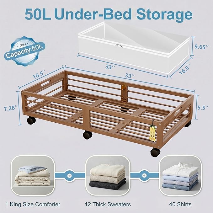Bamboo Underbed Storage Containers with Wheels & Bag 2 Pack, Large Under Bed Rolling Storage Bins Wood Under Bed Clothes Storage Stackable Drawers for Bedroom Closet Under Crib Toy(Walnut)