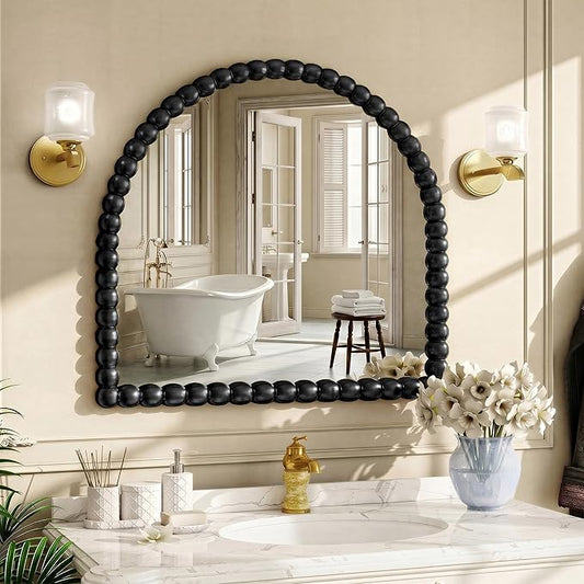 31"×32" Black Arched Bathroom Vanity Mirror, Vintage Beaded Decorative Wall Mounted Makeup Mirror, as Wall Decor Hanging Leaning for Fireplace Mantle, Living Room, Bedroom, Vanity Area