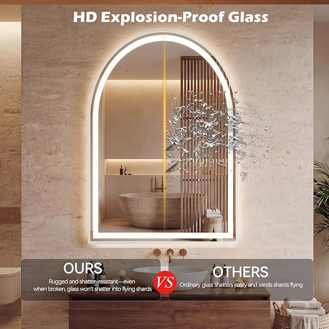 Sweetcrispy 28"×36" LED Arched Bathroom Mirror with Lights, Arched Lighted Bathroom Vanity Mirror with Anti-Fog, Dimmable, 3-Color Light, Memory Function, Tempered Glass