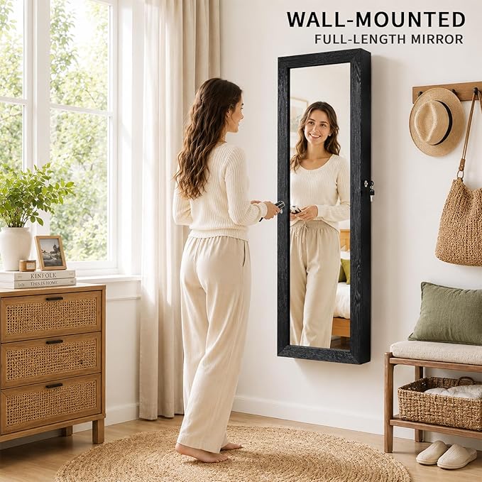 Over the Door Jewelry Organizer, Wall Mounted Jewelry Cabinet, Hanging Mirror with Storage Box, Wall/Door Mounted Full Length Mirror with LED