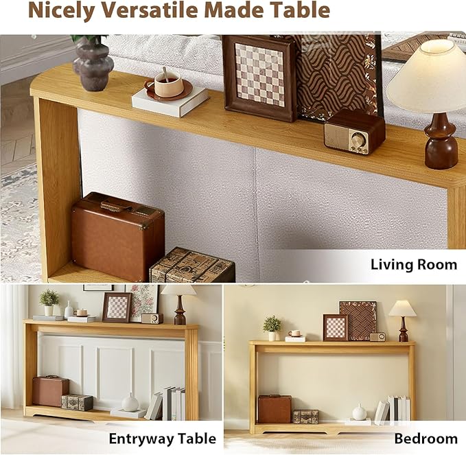 70" Extra Long Narrow Console Table, Fluted-Side Sofa Table with Open Shelf, Entryway/Hallway/Living Room Console – Natural