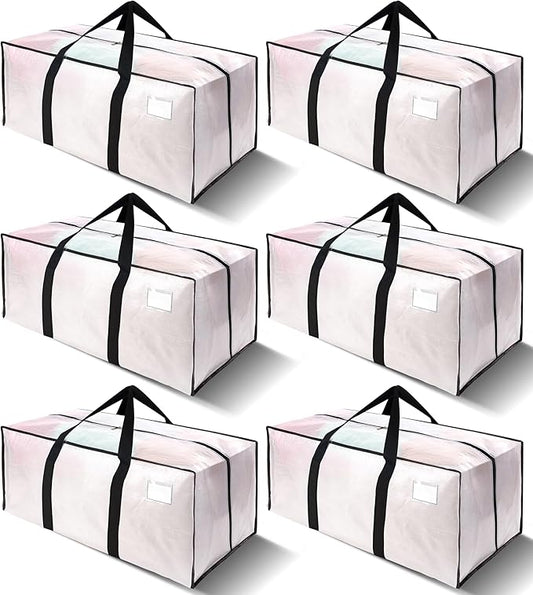 6 Pack Heavy Duty Extra Large Moving Bags W/Backpack Straps - Strong Handles & Zippers, Storage Totes For Space Saving, Fold Flat, Alternative to Box and Bin (40 gal, Semi-Transparent)