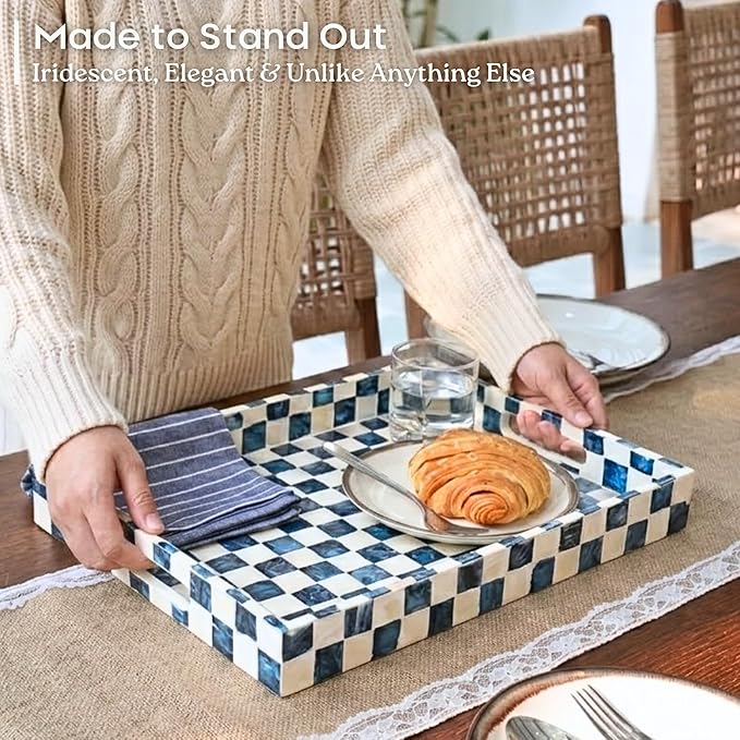 CHI AN HOME 15.8" x 11.8" Decorative Rectangular Tray with Natural Capiz Shells, Checkered Tray with Handles, Serving Tray for Ottoman, Coffee Table, Kitchen Counter Home Decor (Navy Blue)