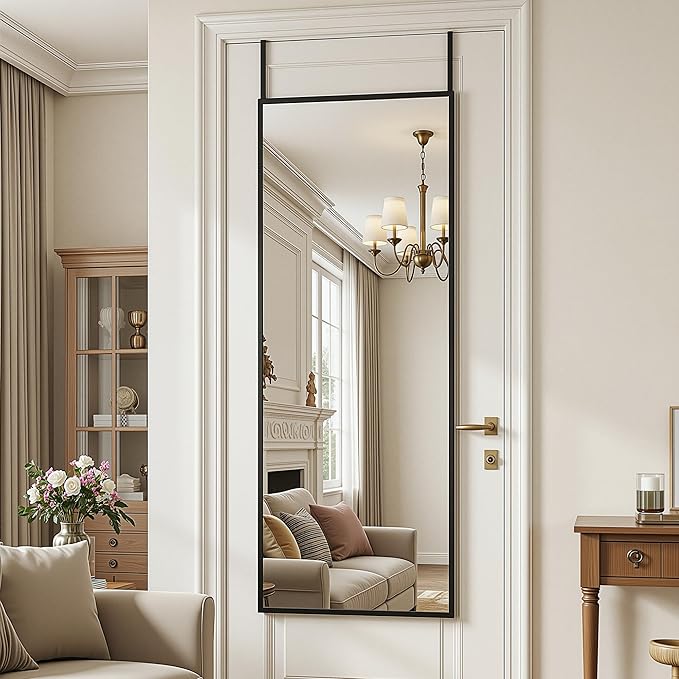 Antok 58''x 20'' Full Length Mirror Over Door, 4-in-1 Standing Leaning Wall Mounted, Adjustable Hanging Mirror for Bedroom Living Room, Black, Rect Corner