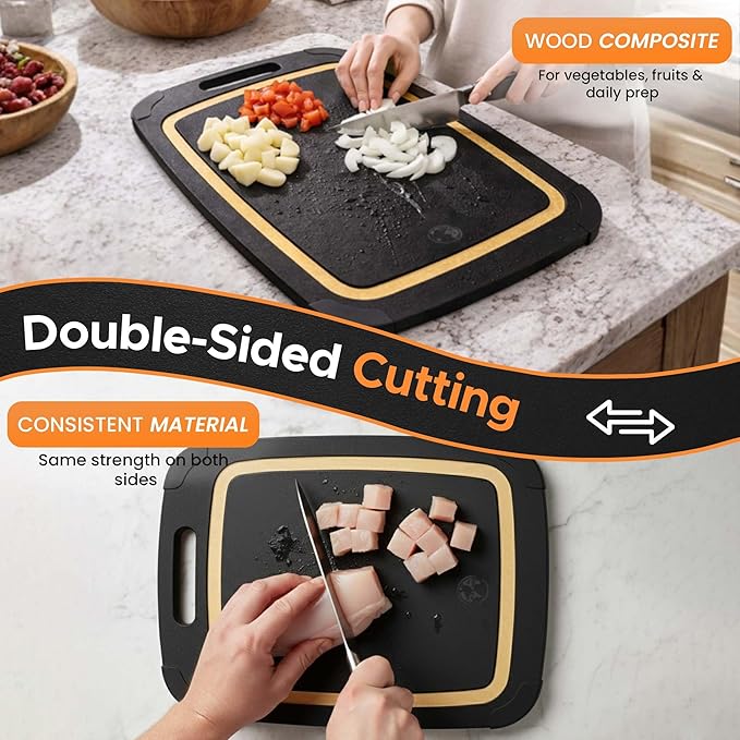 Earth's Dreams Composite Wood Cutting Board Set of 3 – Built In Juice Groove, Non-Toxic Cutting Boards for Kitchen – Large, Medium & Small Non-Slip Wood Charcuterie & Chopping Boards (Black/Tan)