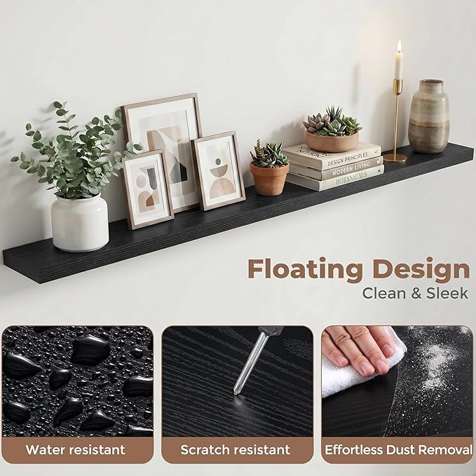 Venusmiles Floating Shelves for Wall, 72 Inch Floating Shelves Set of 1, 6.5" D Wooden Wall Mounted Display Shelves with Invisible Brackets for Living Room, Bedroom, Bathroom, Kitchen Decor, Black