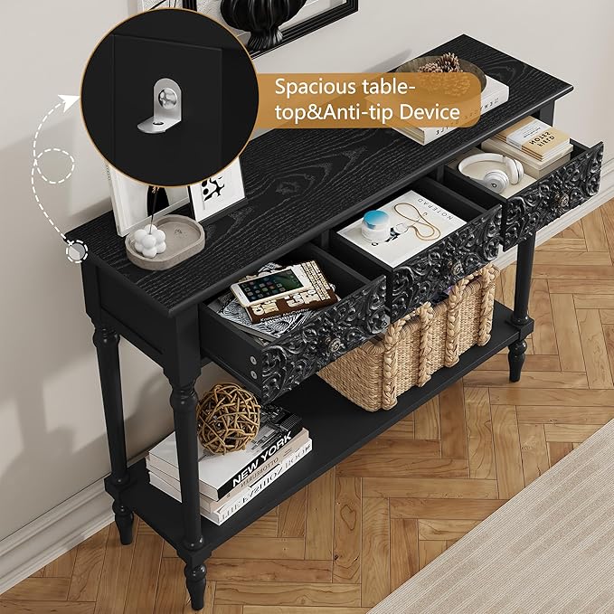 3More Entryway Console Table with 3 Drawers,42" Carved Hallway Table with Open Shelf,Long Sofa Table for Living Room, Hallway, Behind Couch,Black