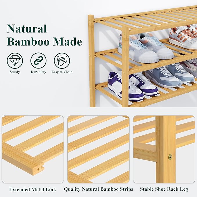 Smiry Bamboo Shoe Rack, 3 Tier Free Standing Wooden Shoe Organizer, Stackable Wood Shoe Storage Shelf for Closet, Entryway, 14 Vertical Slats, 2+1 Stack Heavy-Duty Legs, 26.8"x11"x19.5", Natural