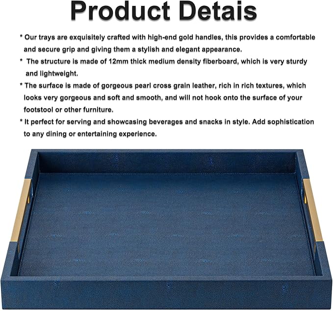 Navy Blue Faux Leather Large Square Decorative Serving Tray with Handles – for Coffee Table, Ottoman, Living Room, Bathroom & Home Decor