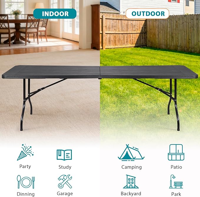 ZENY 8 Feet Plastic Folding Camping Table, Portable Indoor Outdoor Party Picnic Dining Table for Garden Soccer Party Wedding Multipurpose Entertaining Activities (Black)