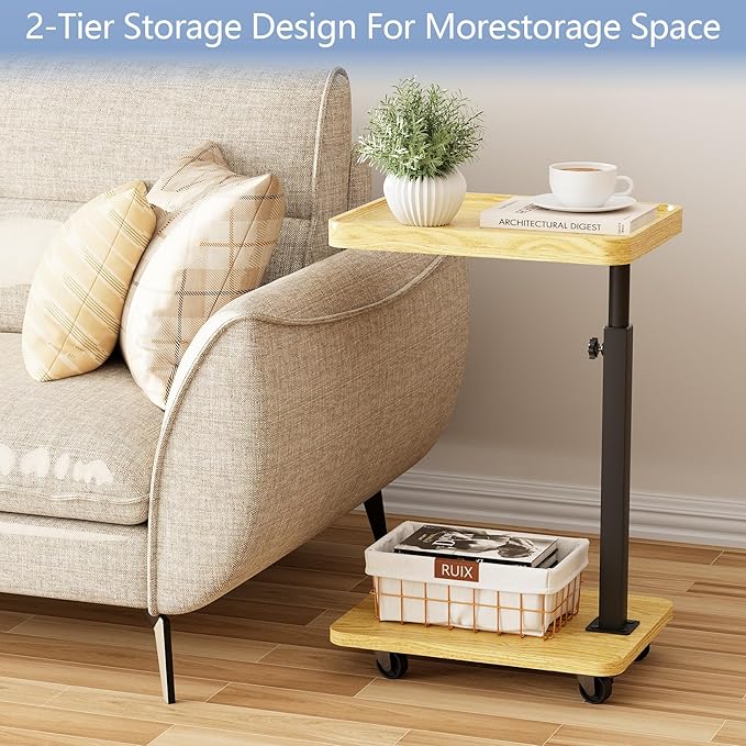 Tv Tray,Adjustable Height C Shaped End Side Table for Eating on Couch That Slide Under,360°Swivel Sofa Snack Dinner Table with Wheels for Living Room and Bedroom, Bed,Chair(Oak+Black)