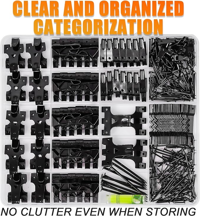 KURUI Picture Hangers, 385Pcs Picture Hanging Kit with Heavy Duty Picture Hanging Hooks, Sawtooth, Hardware Nails and Picture Hanging Tool, Wall Hangers for Frame, Painting, Art, Photo (Black)
