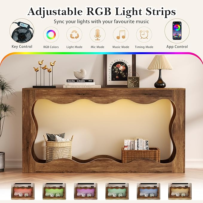 Vongrasig 63-Inch Farmhouse Entryway Table with Light Strips, Scalloped Console Table with Built-in Storage, Narrow Long Behind Couch, Wooden Curvilinear Sofa Table for Entrance, Hallway, Brown