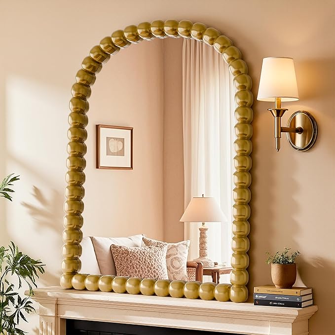 22"×30" Gold Arched Bathroom Vanity Mirror, Vintage Beaded Decorative Wall Mounted Makeup Mirror, as Wall Decor Hanging Leaning for Fireplace Mantle, Living Room, Bedroom, Vanity Area