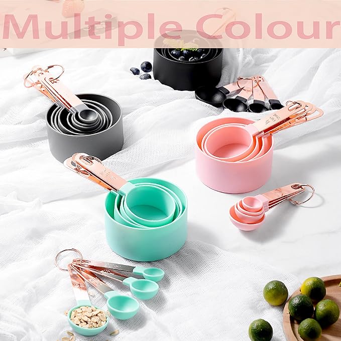 Rose Gold Stainless Steel Handle Measuring Cups and Spoons Set, 8 Piece Stackable Accurate Tablespoon for Measuring Dry and Liquid Ingredients Small Teaspoon with Plastic Head (Green)