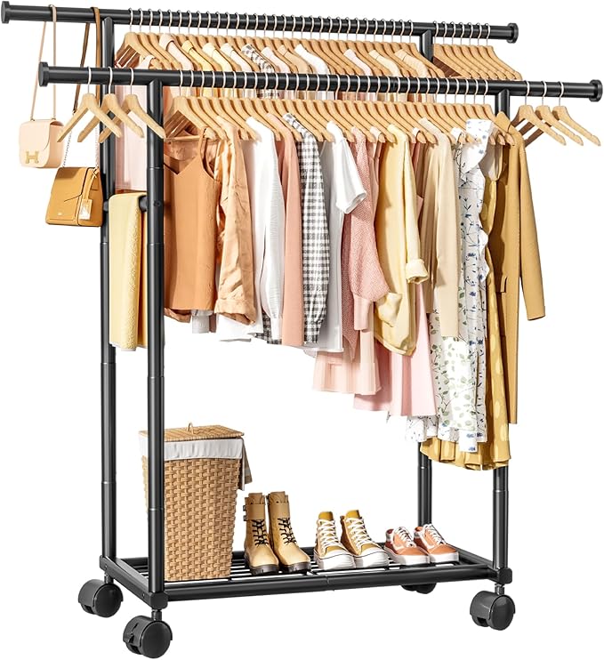 Sakugi Double Rods Clothes Rack - Metal Clothing Rack with Fixed Double Rods, Rolling Wheels & Built-In Shelf for Closet, Bedroom, Laundry Storage (39" x 17" x 60", Black)
