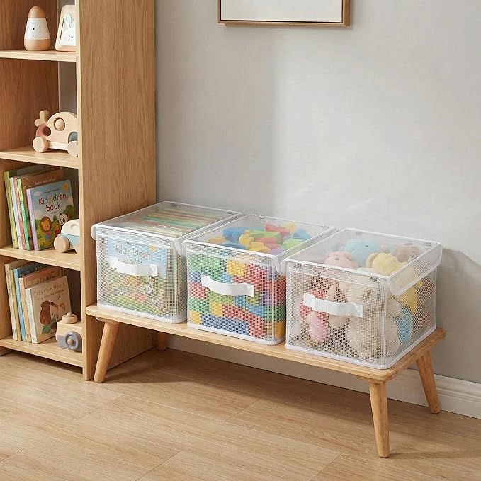 3-Pack Clear Toy Storage Baskets, Kids Room Organizer Bins with Handles, Foldable Closet Storage Containers for Nursery, Clothes, Toys, 11.8 x 9.45 x 6.7 in