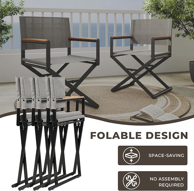 Grand patio 9-Piece Outdoor Dining Set, 8 Extra-Wide Folding Chairs & 1 Rectangle Expandable Table for 6-8 Person, Sling Mesh Patio Chairs with Wood Grain Table for Yard, Poolside, Deck, Gray