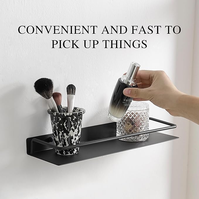 RFOUO 16Inch Metal Wall Shelf, Metal Floating Shelf, Black Floating Shelf, Small Shelf for Wall, Display Shelves for Bathroom Bedroom Kitchen (Black, 16Inch)