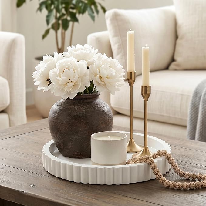 Decorative Tray for Coffee Table, Modern Minimalist Wooden Round Decor Tray for Kitchen, Living Room, Home Decor, Tv Stand, Bathroom Sink, Entryway, White Color, Set of 2