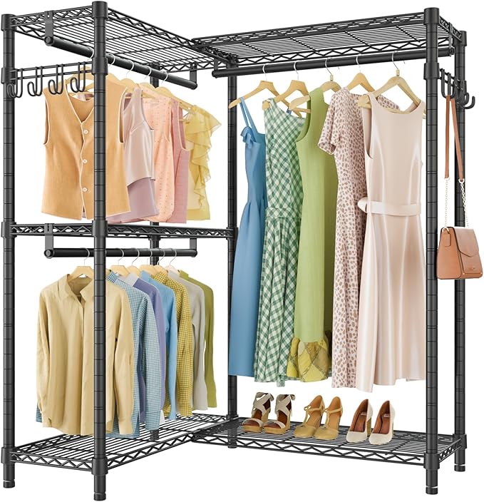VIPEK L4 Clothes Rack L Shaped Garment Rack for Corner, 810lbs Heavy Duty Portable Closet Metal Clothing Rack, Adjustable Shelving/Sturdy Hanging Rods/Side Hooks, Black