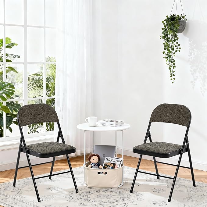 DUMOS 10 Pack Folding Chairs with Padded Cushion and Back - Fabric Stackable Portable Dining Chairs Set, for Home and Office, Conference, Wedding, Party, Patio, Garden, for Indoor Outdoor, Black Grey