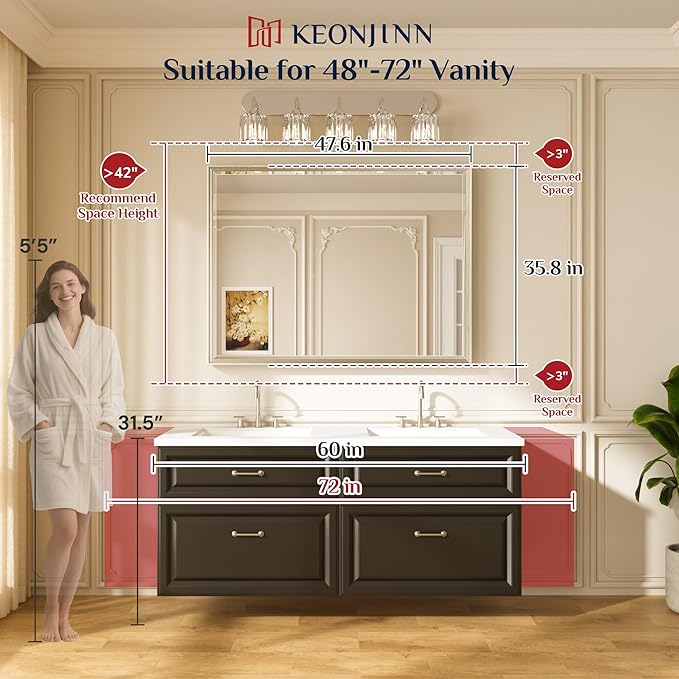 Keonjinn 48" x 36" Large Black Bathroom Mirror, Aluminum Alloy Frame Rustproof, Beveled Edge Tempered Glass, Decorative Framed Black Bathroom Vanity Mirror for Wall, Oversized Mirrors for Over Sink