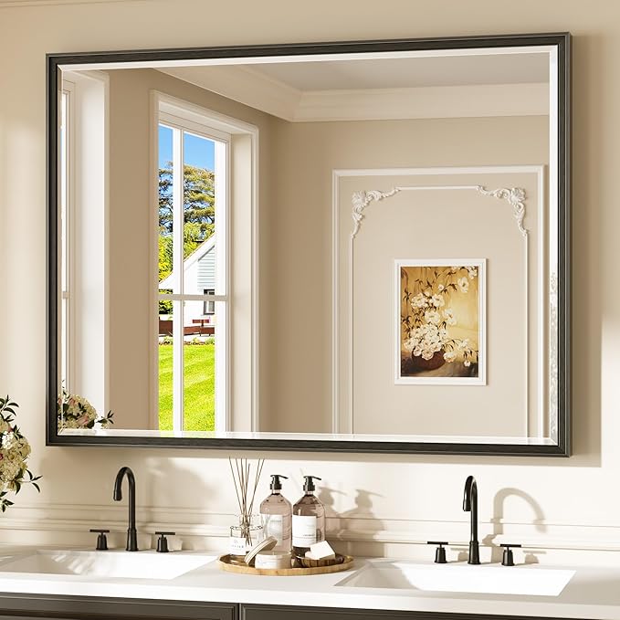 Keonjinn 48" x 36" Large Black Bathroom Mirror, Aluminum Alloy Frame Rustproof, Beveled Edge Tempered Glass, Decorative Framed Black Bathroom Vanity Mirror for Wall, Oversized Mirrors for Over Sink