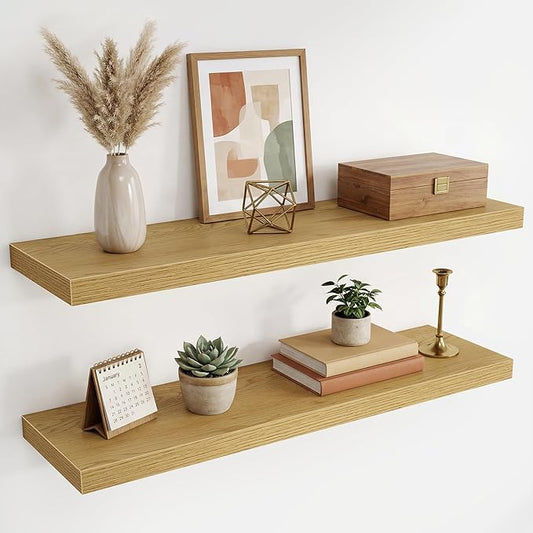 36 Inch Black Floating Shelves for Wall,9.3" Deep Long Floating Shelf Set of 2,Wood Wall Mounted Shelves Farmhouse Home Decor,Wall Storage Shelf for Bathroom Bedroom Living Room Kitchen Office,Oak