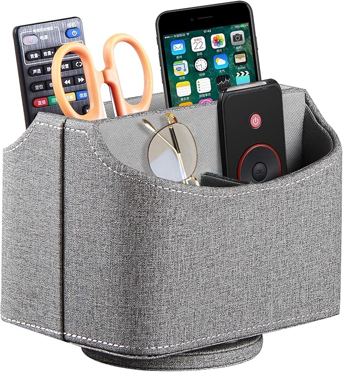 PUSU Leather 360°Rotatable Remote Control Holder,Nightstand TV Remote Caddy,Office Supplies Desktop Organizer,Spinning Storage Box for Pen,Mail,Phone,DVD, Blu-Ray, Media Player, Heater Controllers