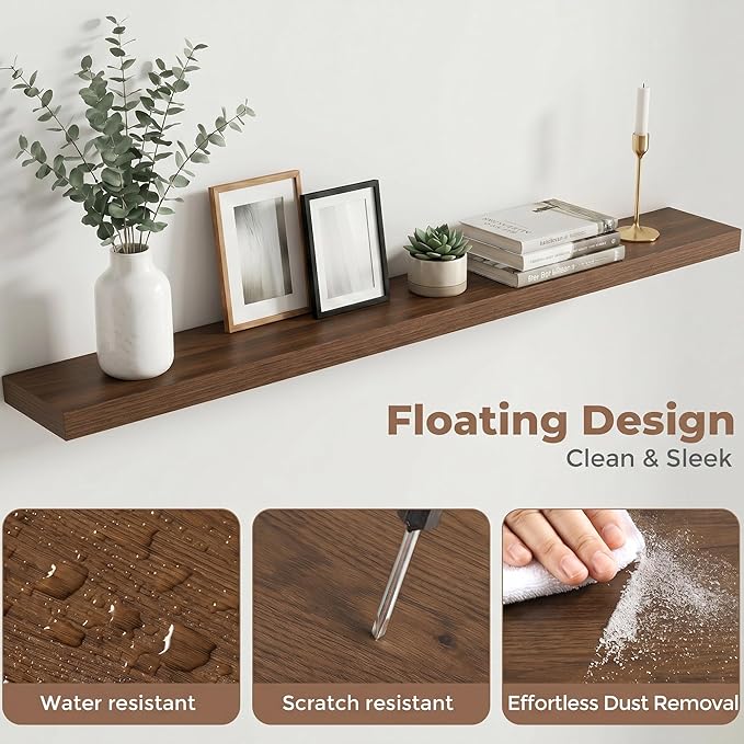 Venusmiles Floating Shelves for Wall, 55 Inch Floating Shelves Set of 2, 6.5" D Wooden Wall Mounted Display Shelves with Invisible Brackets for Living Room, Bedroom, Bathroom, Kitchen Decor, Walnut