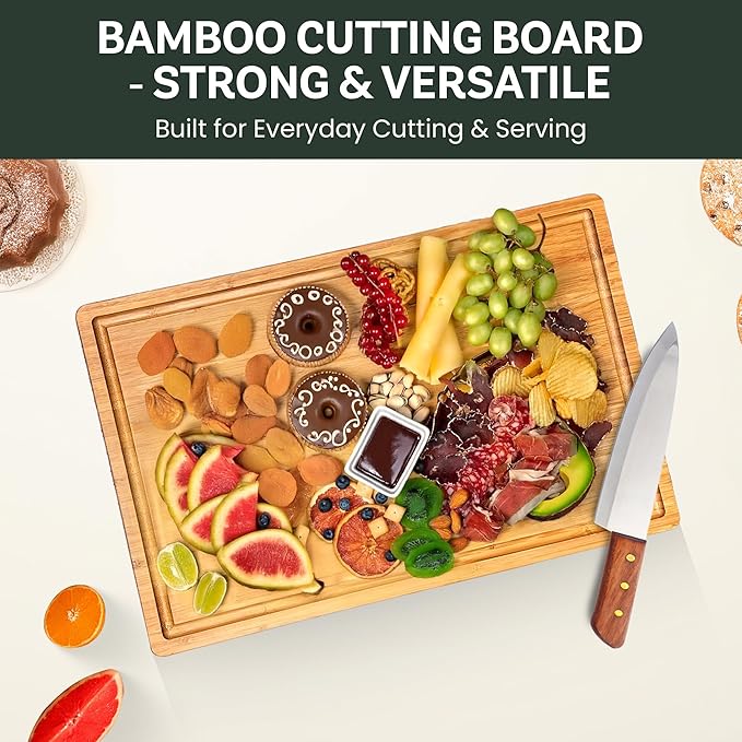 Bamboo Cutting Board for Kitchen - 18" Extra Large Wooden Cutting Board, Heavy Duty Chopping Board with Side Handles, Deep Juice Groove, Reversible Charcuterie & Cheese Board for Meat and Serving